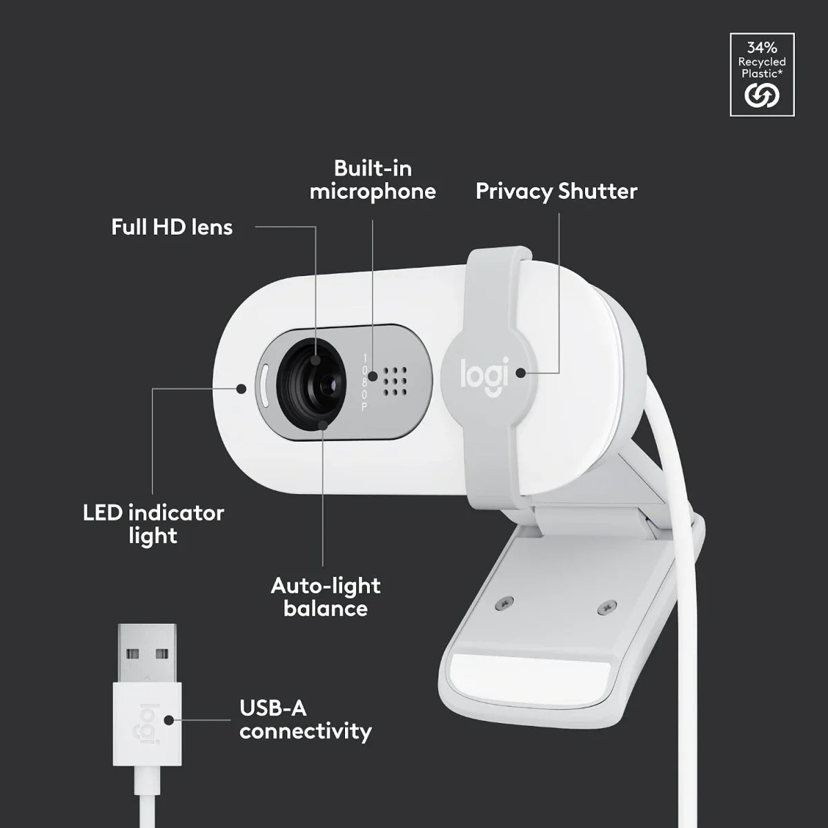 كاميرا ويب Logitech Brio 100 بدقة Full HD 1080p مع ميكروفون وغطاء خصوصية USB-A - أبيض - Thumbnail 7