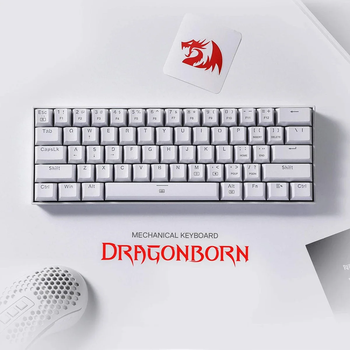 كيبورد ألعاب ميكانيكي Redragon K630 Dragonborn سلكي RGB بنسبة 60%، 61 مفتاح، سويتش أزرق خطي، أبيض - Thumbnail 4