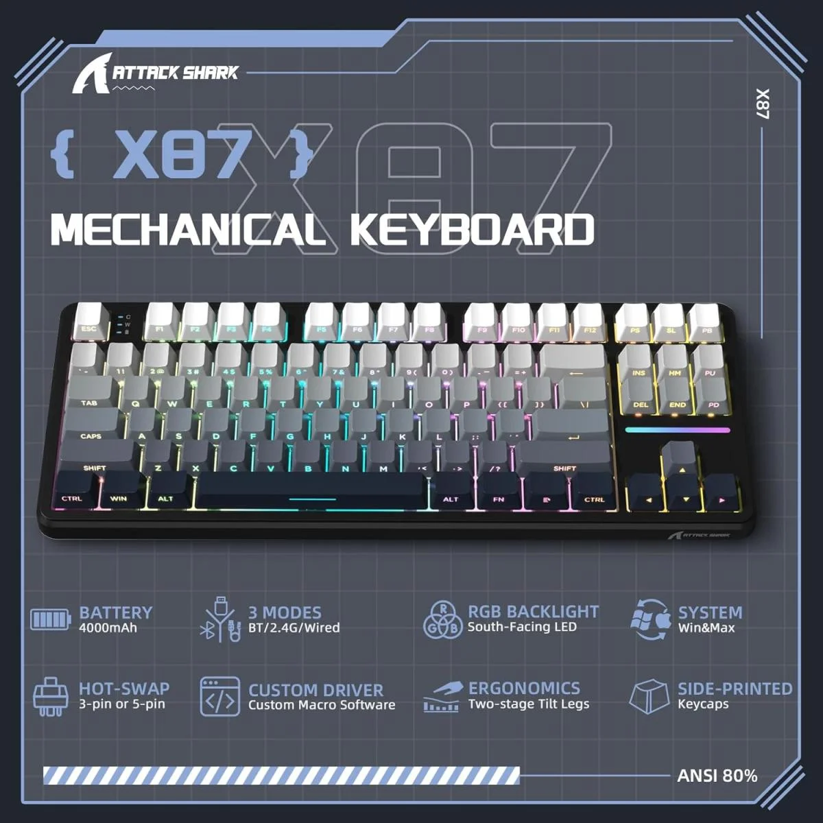 ATTACK SHARK X87 Tri-Mode Wireless Mechanical Gaming Keyboard, TKL 87-Key, Moon Light - Thumbnail 3