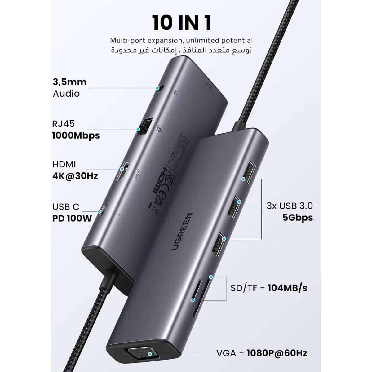 موزع USB-C 10 في 1 من Ugreen مع HDMI بدقة 4K 30Hz وVGA وإيثرنت 1Gbps وPD بقدرة 100W - Image 7