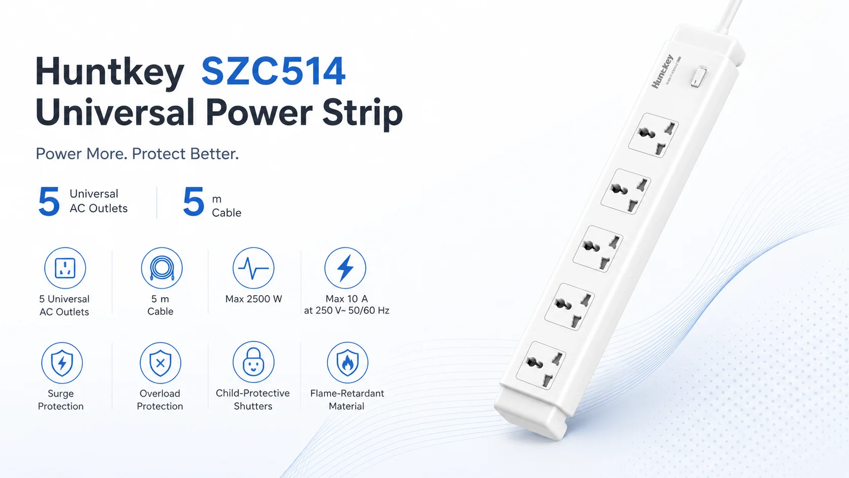 Huntkey SZC514 Universal Power Strip, 5 AC Outlets, 2500W, 5m Cable - Image 7