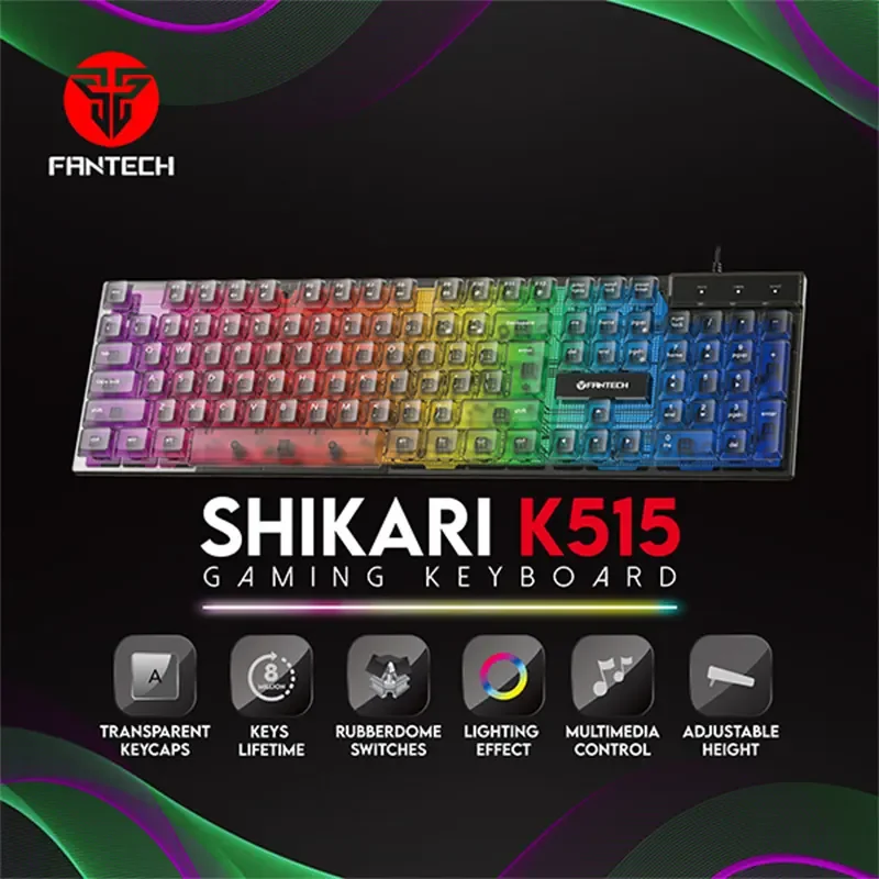 كيبورد Fantech SHIKARI K515 سلكي للألعاب ممبرين RGB، 104 مفاتيح، أسود