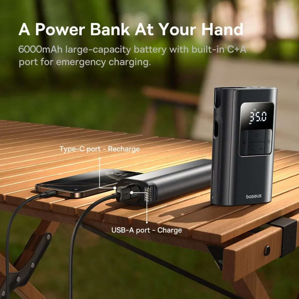 Baseus VA1 Dual-Power Car Tire Inflator with Flashlight and 6000mAh Power Bank - Thumbnail 8