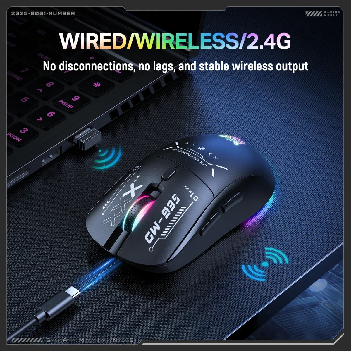 ONIKUMA CW935 Tri-Mode Wireless Gaming Mouse, 4K Hz Polling Rate, Black - Image 5