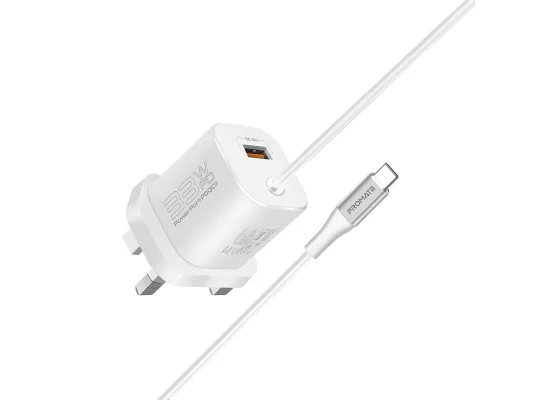 شاحن حائط Promate PowerPort-PDQC3 USB-C بقوة 33 واط مع QC 3.0 بقوة 22.5 واط وكابل Type-C بطول 1.5 متر - أبيض - Thumbnail 6