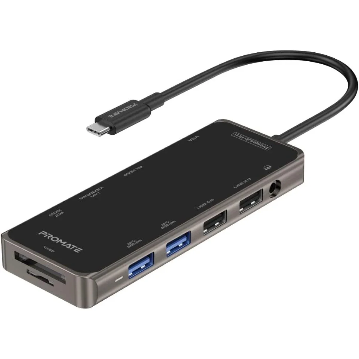 محول متعدد المنافذ USB-C من Promate PrimeHub-Pro 11 في 1 مع 100W PD و4K HDMI وVGA وRJ45 وAUX وSD/TF و4 USB - Thumbnail 3