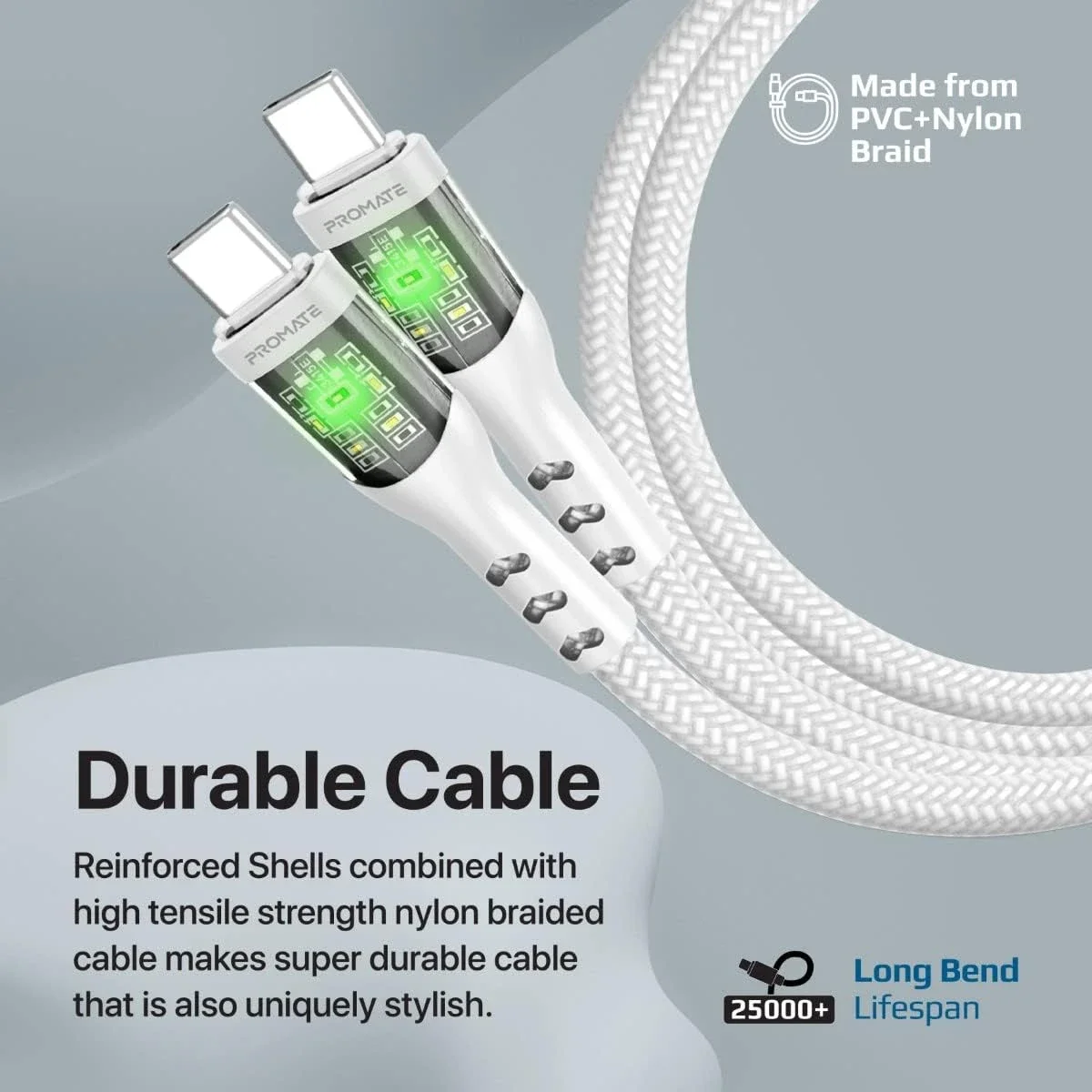 كابل Promate TransLine-CC USB-C إلى USB-C بقدرة 60 واط وطول 120 سم مضفر بالنايلون - أبيض - Thumbnail 6