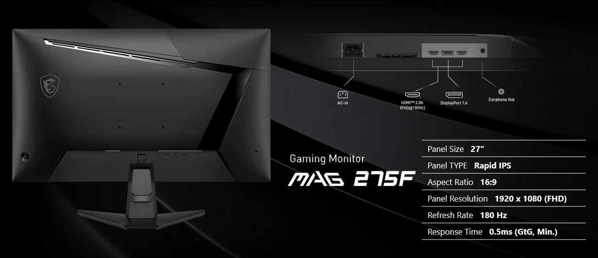 شاشة ألعاب MSI MAG 275F مقاس 27 إنش Rapid IPS بدقة FHD ومعدل 180Hz وزمن 0.5ms، أسود - Thumbnail 12