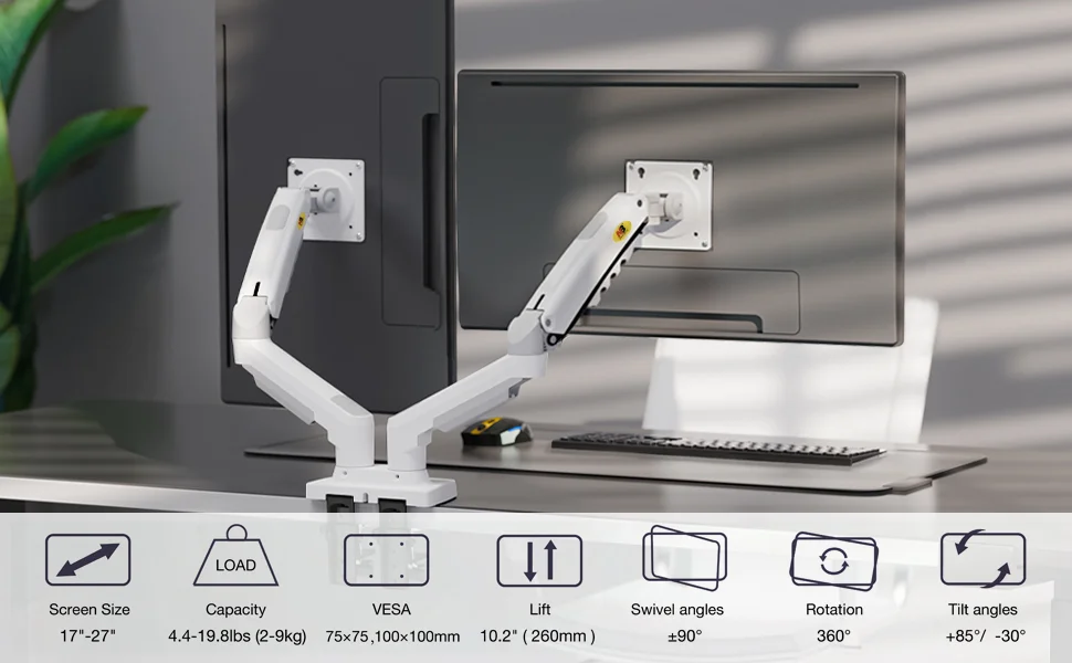 North Bayou F160 Dual Monitor Arm with Gas Spring for 17–27 Inch Monitors, White - Image 7