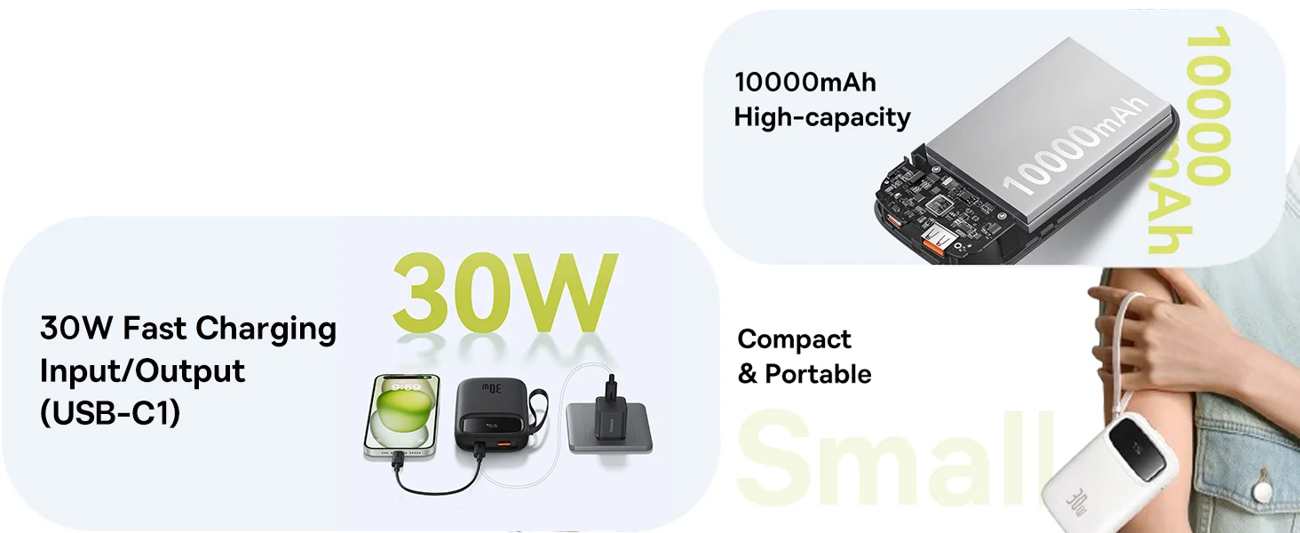 Baseus QPow2 10000mAh 30W Fast Charge Power Bank with Built-in Dual Type-C Cables - Black - Thumbnail 16