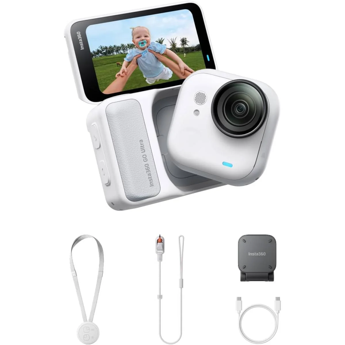 كاميرا Insta360 GO Ultra قابلة للارتداء للتصوير بدون استخدام اليدين، 4K60fps، مستشعر 1/1.28 إنش، شريحة AI بدقة 5nm، Action Pod، تثبيت مغناطيسي، مقاومة للماء IPX8، أبيض قطبي