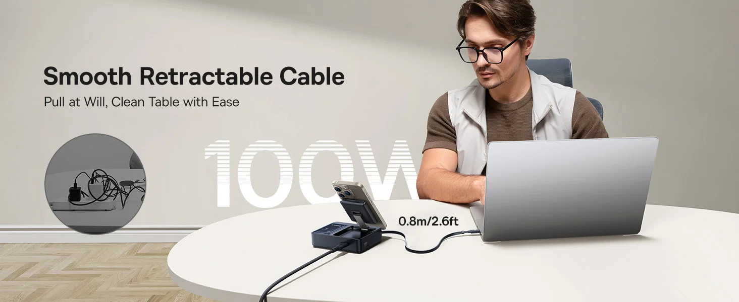 Baseus Nomos 5-in-1 140W Qi2 15W Magnetic Charging Station with 100W Retractable USB-C Cable - Thumbnail 13