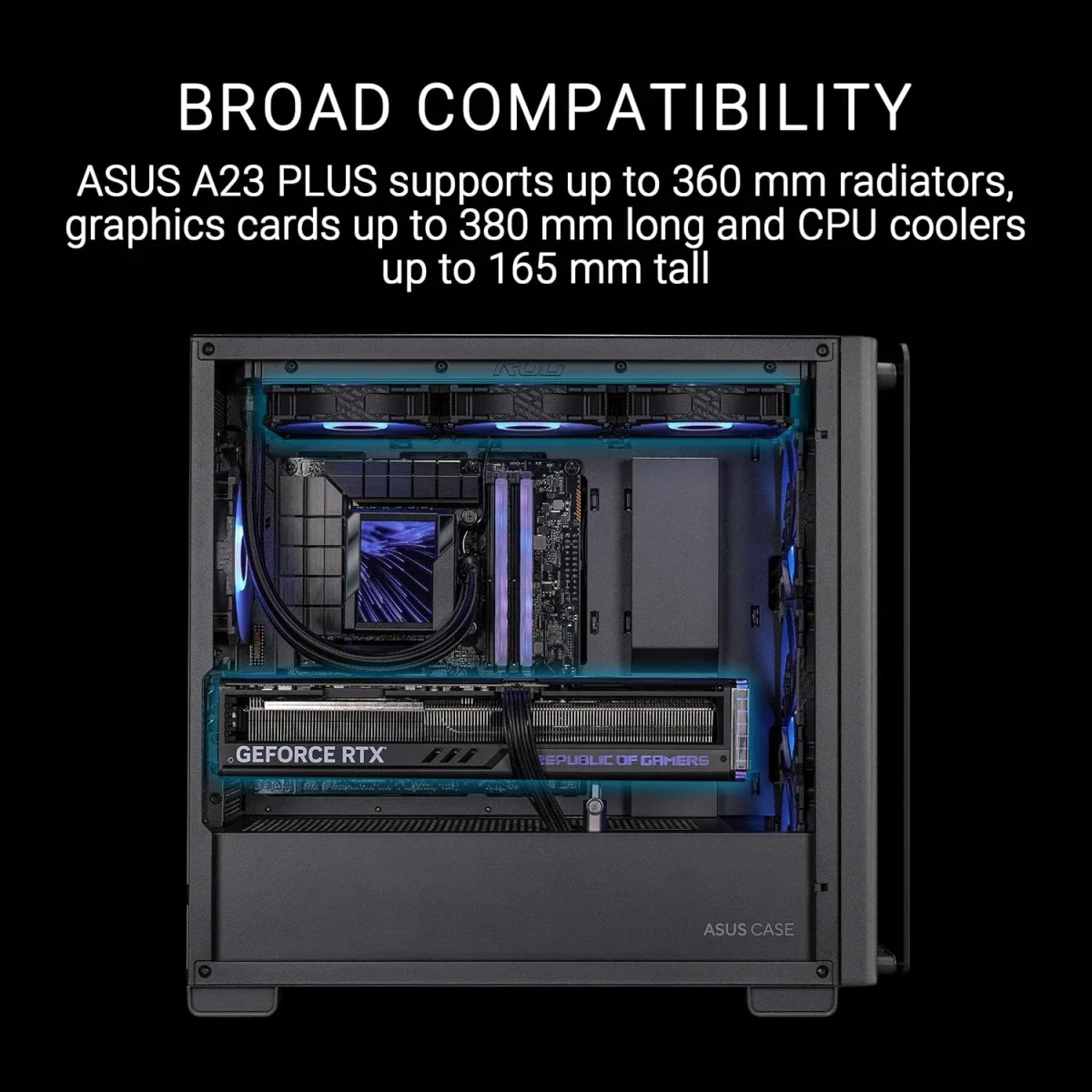 Asus A23 Plus Micro-ATX Computer Case with 4 Pre-Installed ARGB Fans, 360mm Radiator Support, 380mm GPU Clearance, Black - Image 3
