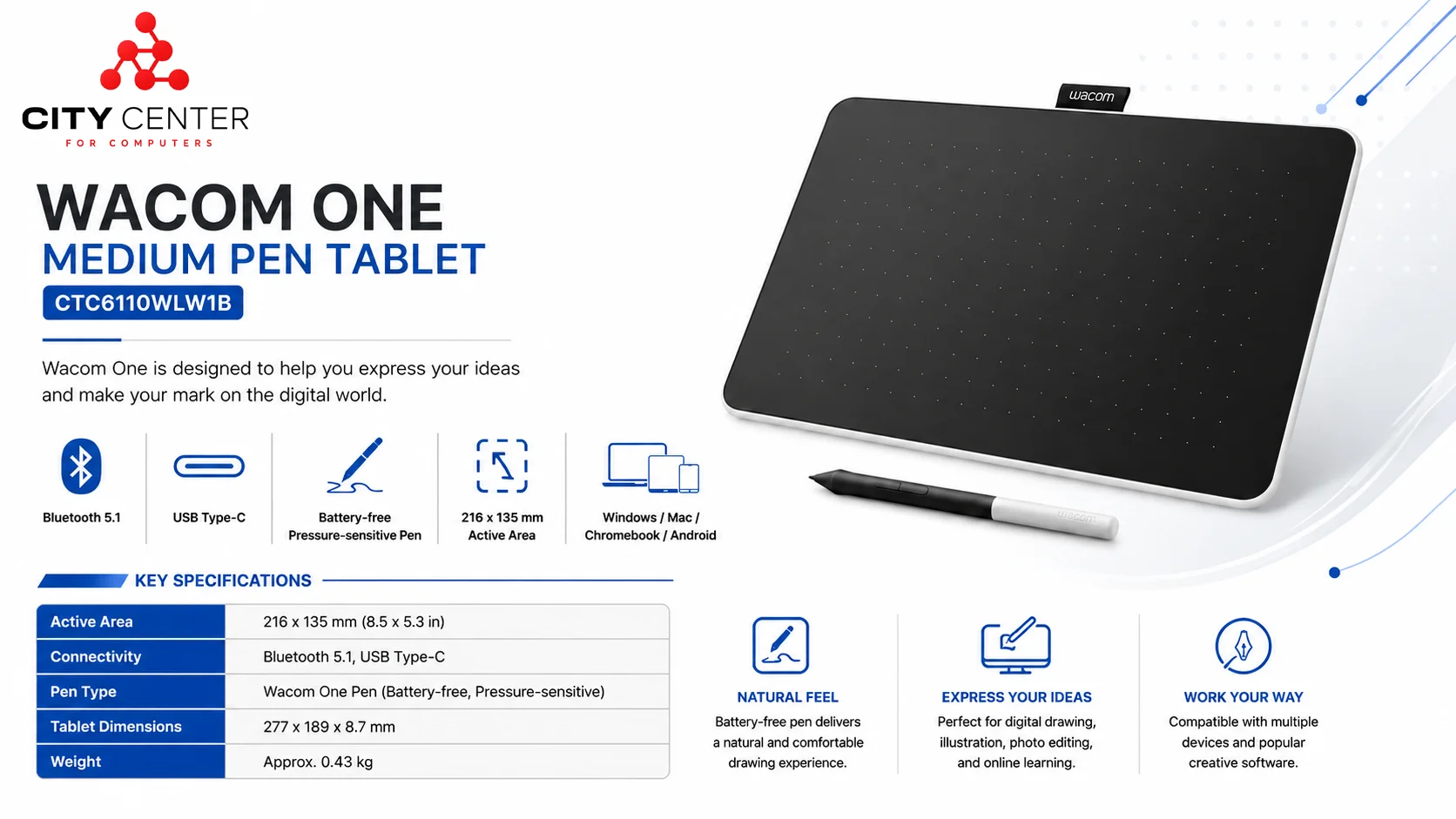 لوح رسم Wacom One Medium مع قلم EMR بدون بطارية وبلوتوث وUSB-C - Thumbnail 7