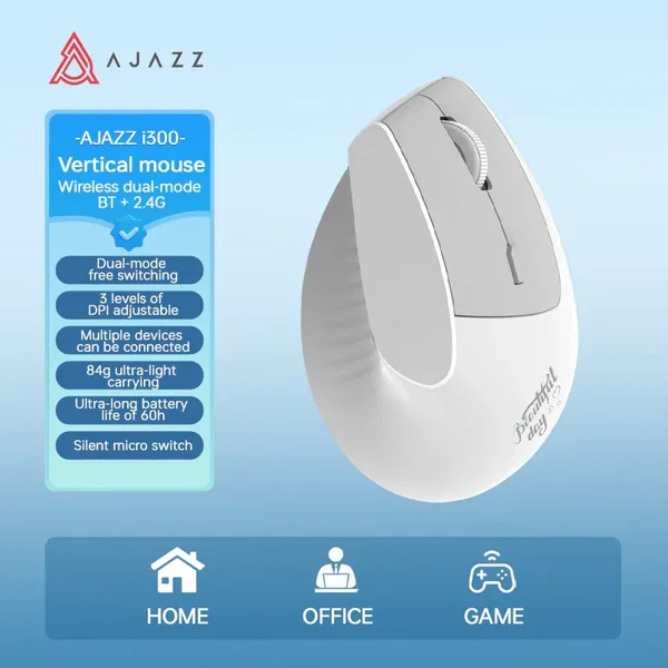 AJAZZ i300 Vertical Wireless Mouse, 1600 DPI, Bluetooth + 2.4G, White - Thumbnail 2