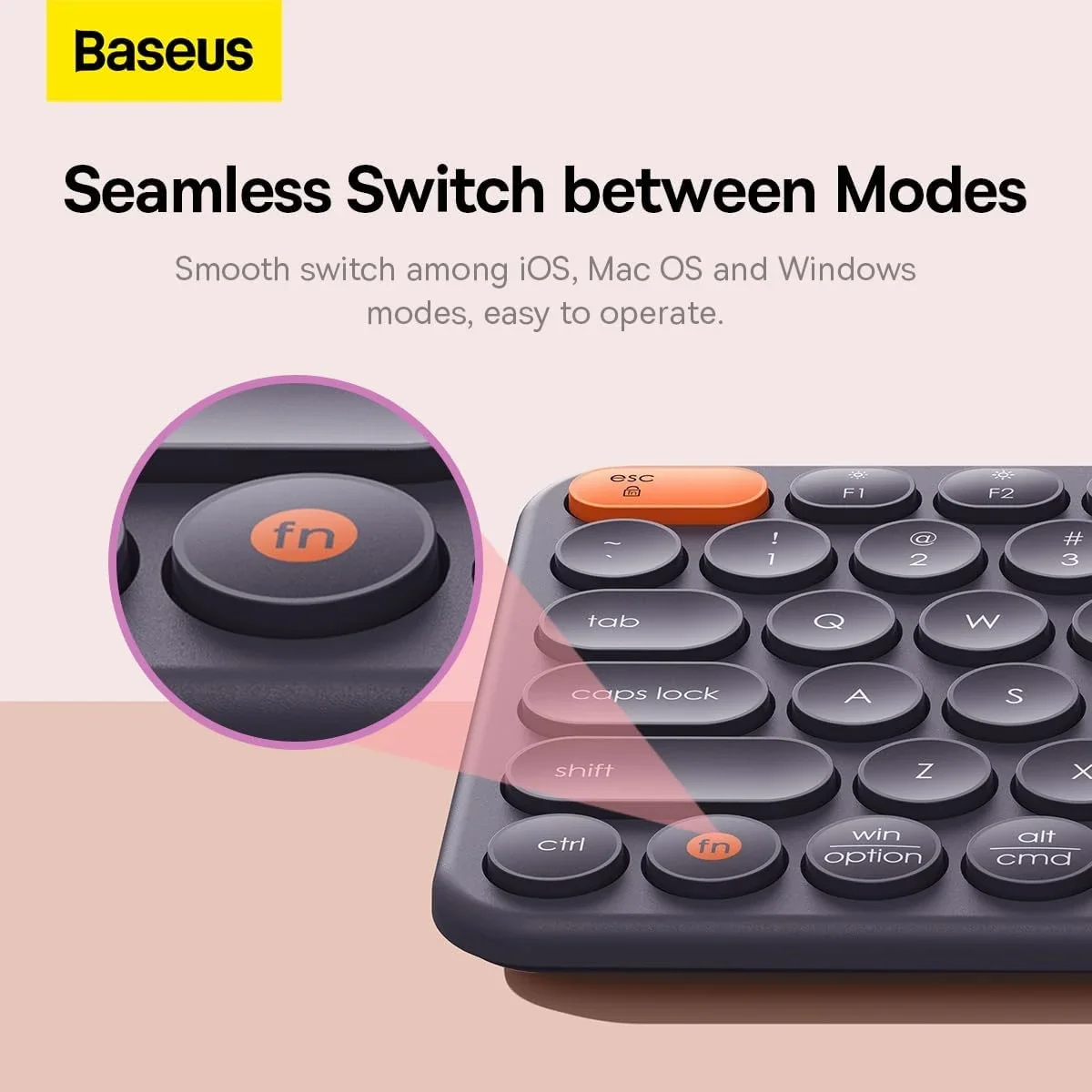 كيبورد Baseus K01B لاسلكي ثلاثي الاتصال بتخطيط إنجليزي صامت، رمادي - Thumbnail 8