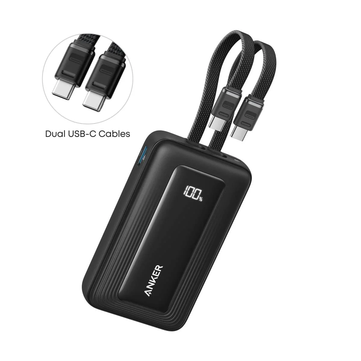 باور بانك Anker A1680 Zolo بسعة 10000mAh وقدرة 35W مع كيبلين USB-C مدمجين - أسود