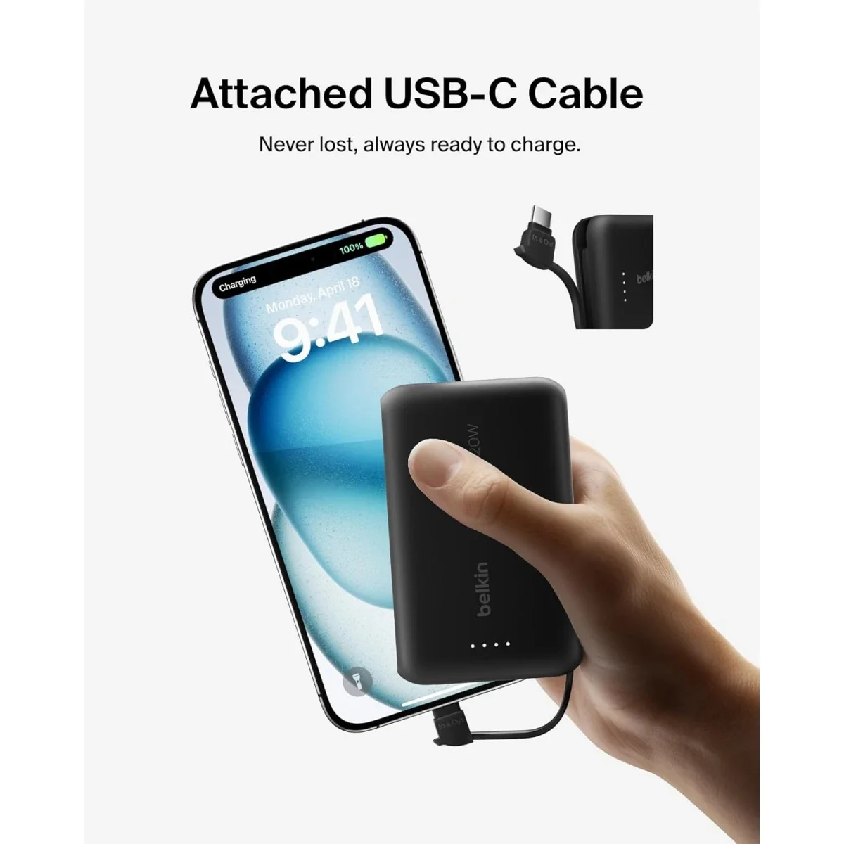 بطارية محمولة Belkin BoostCharge بسعة 10000mAh مع كابل USB-C مدمج وشحن PD بقوة 20W - أسود - Thumbnail 7