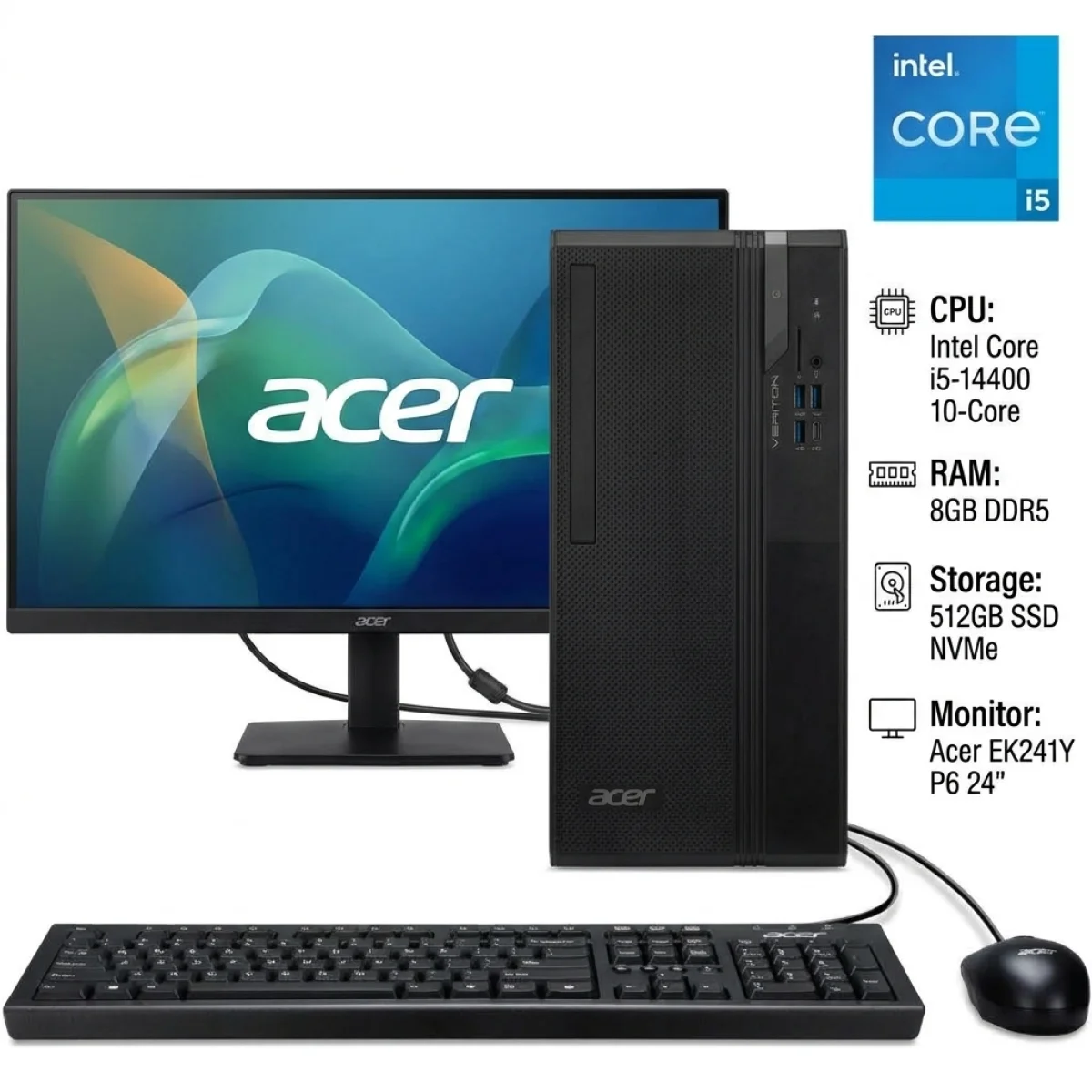 Acer Veriton VS2722G Mid Tower Desktop PC Intel Core i5-14400 8GB DDR5 512GB PCIe 4.0 SSD with EK241Y P6 23.8-inch FHD IPS 100Hz Monitor