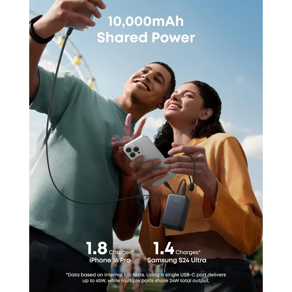 باور بنك Anker Nano بسعة 10,000mAh وقدرة 45W مع كابل USB-C قابل للسحب - أسود - Thumbnail 4
