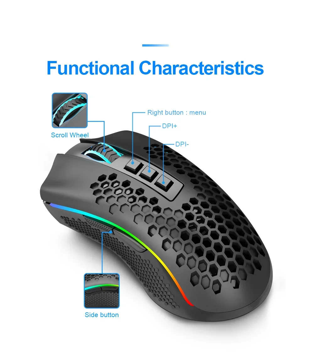 Redragon M808 Storm Pro Wireless RGB Honeycomb Gaming Mouse, 16,000 DPI, Black - Thumbnail 12