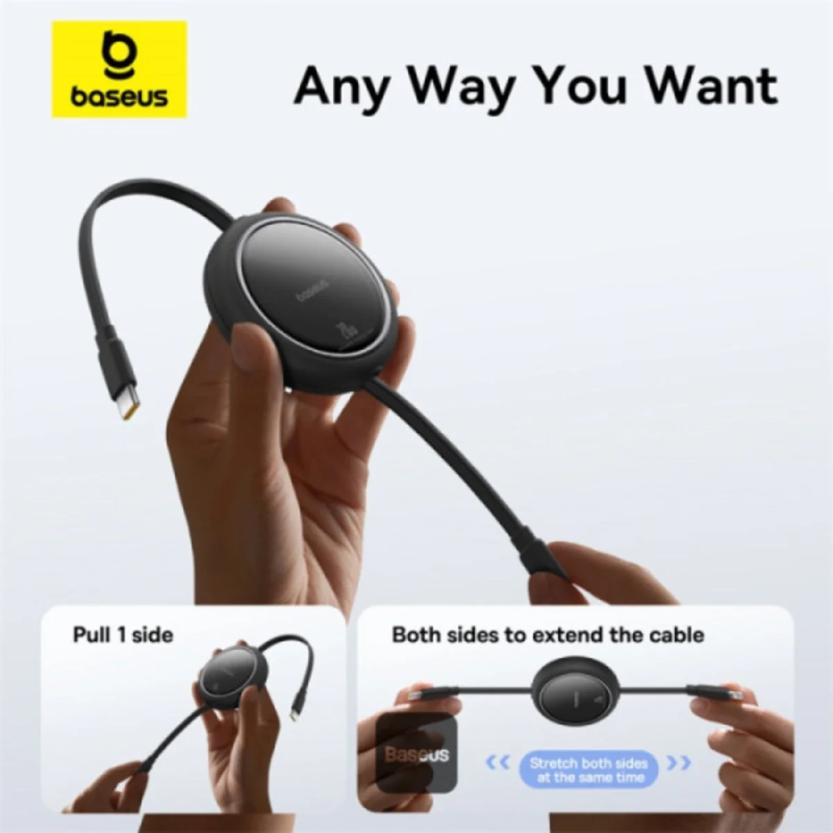 كابل Baseus Free2Pull Mini قابل للسحب من USB-C إلى Lightning بقدرة 20W وطول 1 متر أسود P10364501111-00 - Image 3