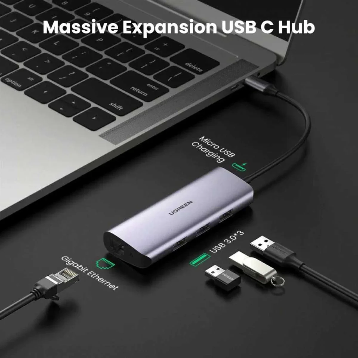 موزع Ugreen USB-C مع 3 منافذ USB 3.0 ومحول جيجابت إيثرنت - Thumbnail 3