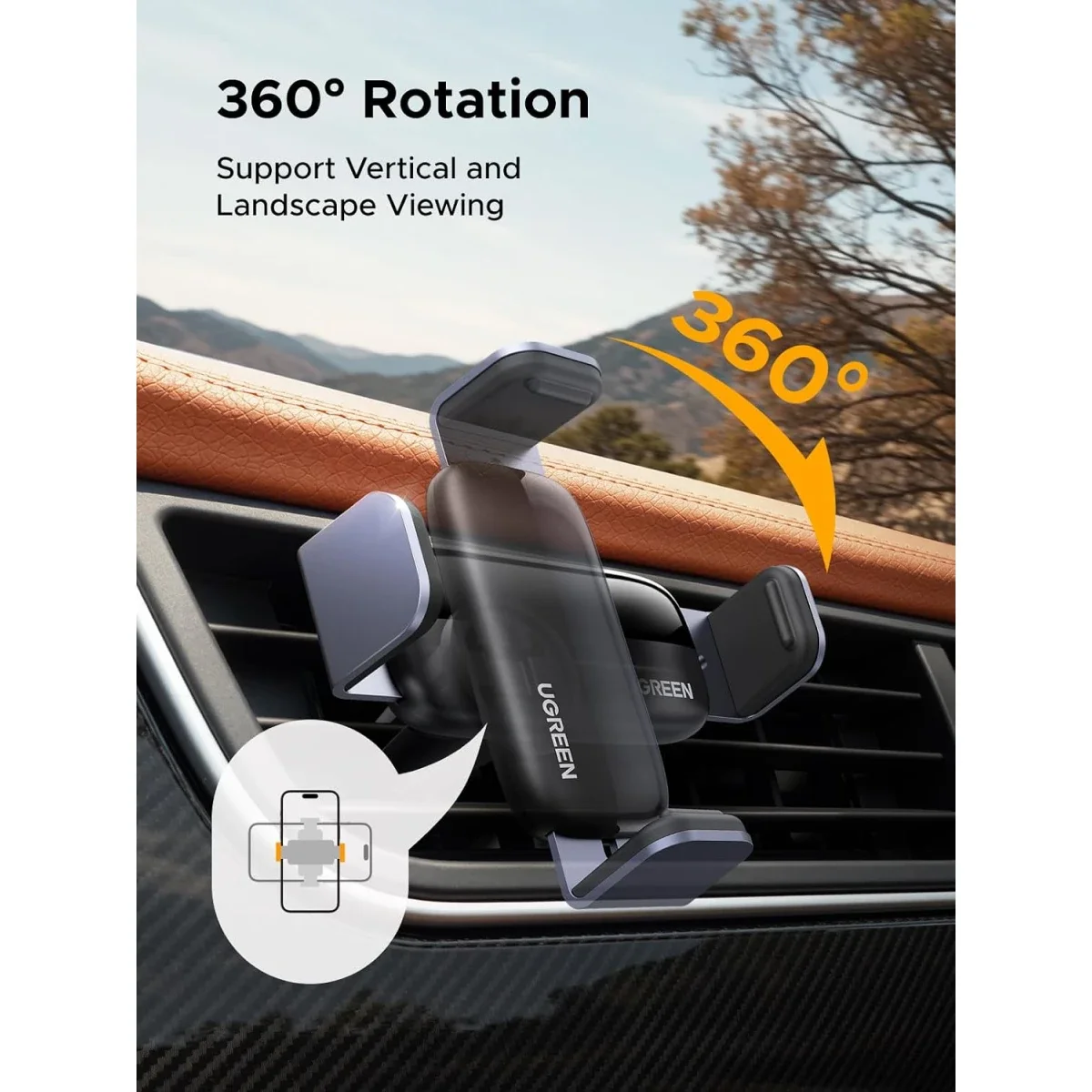 Ugreen 10422 360° Car Air Vent Phone Holder - Black - Image 3