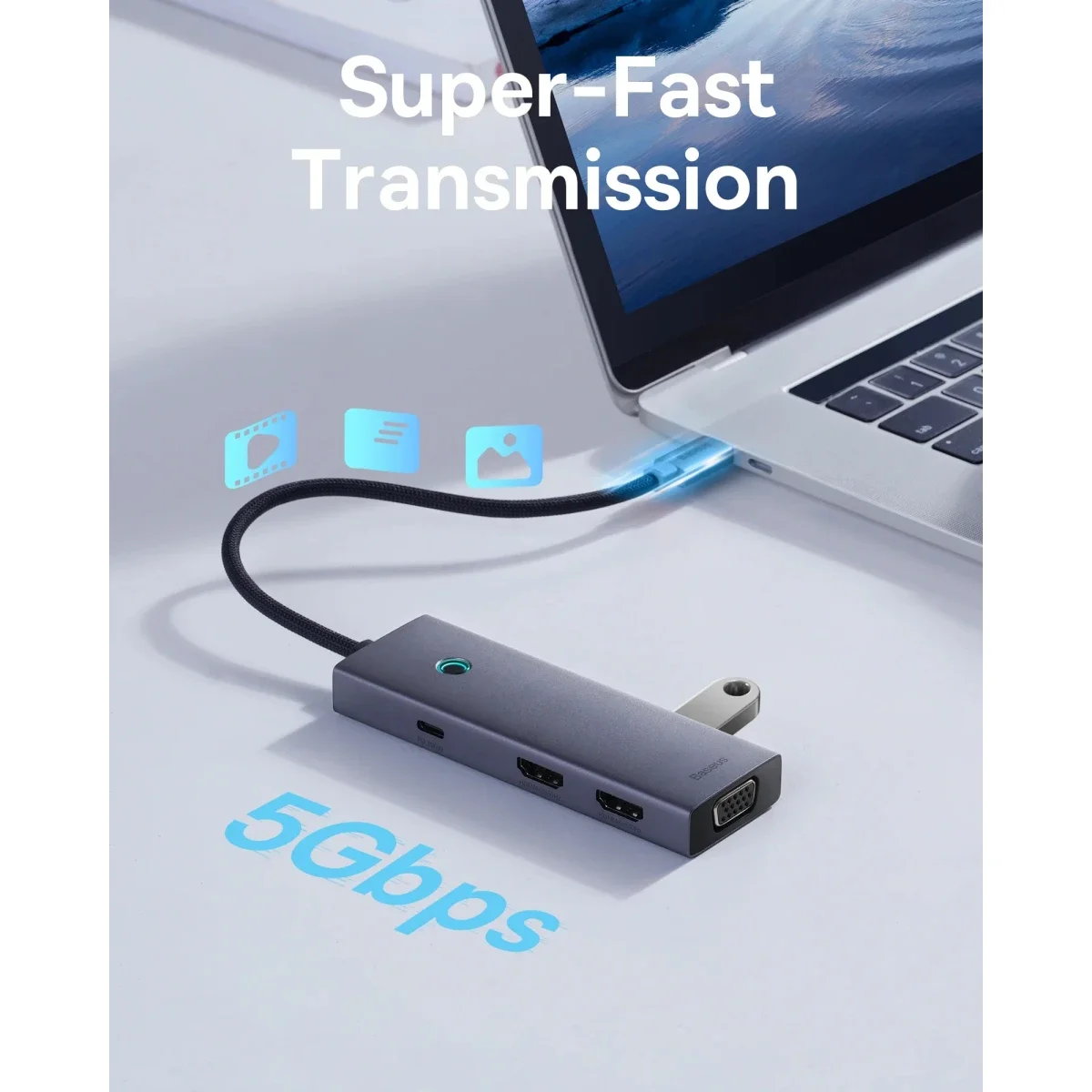 Baseus PortalJoy Series 7-Port Triple-Display USB-C Hub with 4K HDMI, VGA, USB & PD - Space Grey - Image 4