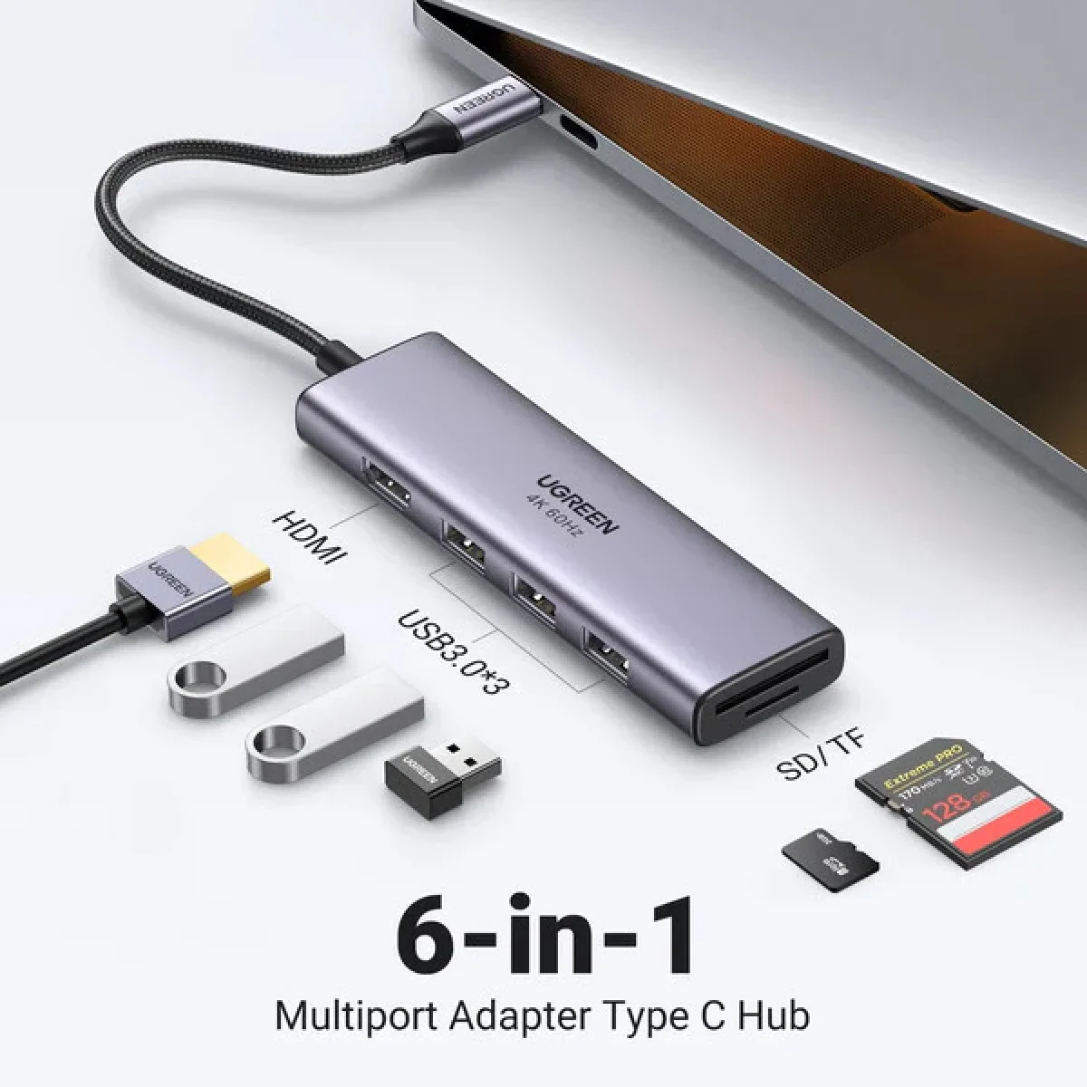 محول Ugreen USB-C ‏6 في 1 مع HDMI بدقة 4K@60Hz - Thumbnail 6