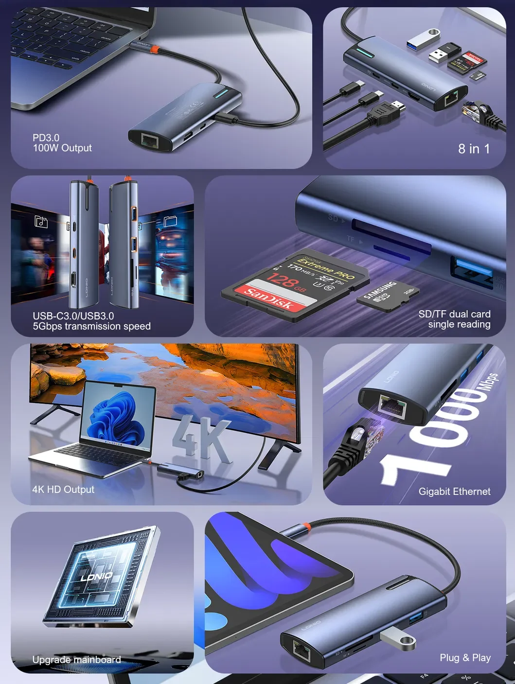محطة إرساء LDNIO DS-18H ‏8 في 1 بمنفذ USB-C مع 100W PD و4K HDMI وRJ45 وSD/TF - رمادي - Thumbnail 9