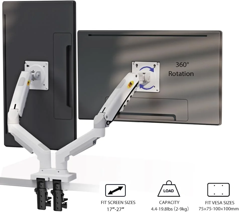 North Bayou F160 Dual Monitor Arm with Gas Spring for 17–27 Inch Monitors, White - Image 2