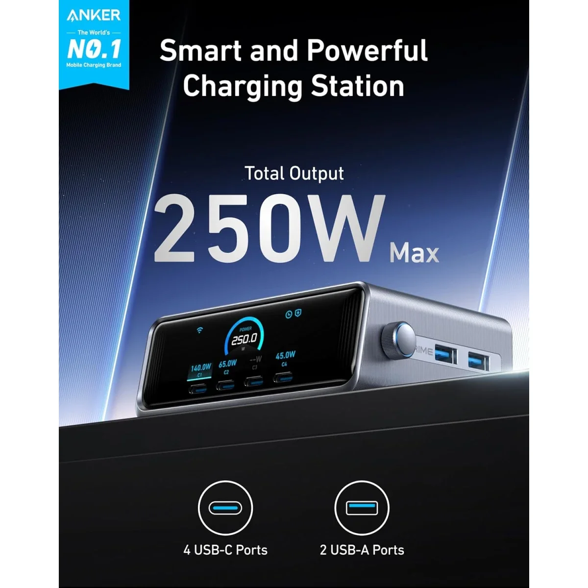 محطة شحن مكتبية Anker Prime بقدرة 250 واط GaN، 6 منافذ، شاشة LCD، فضي - Thumbnail 3