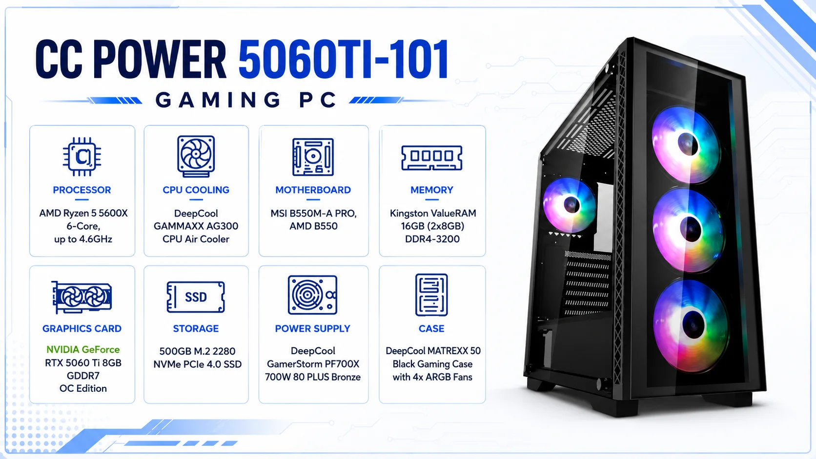 كمبيوتر ألعاب CC POWER 5060TI-101 بمعالج AMD Ryzen 5 5600X وكرت RTX 5060 Ti 8GB ورام 16GB وتخزين NVMe 500GB - Thumbnail 2
