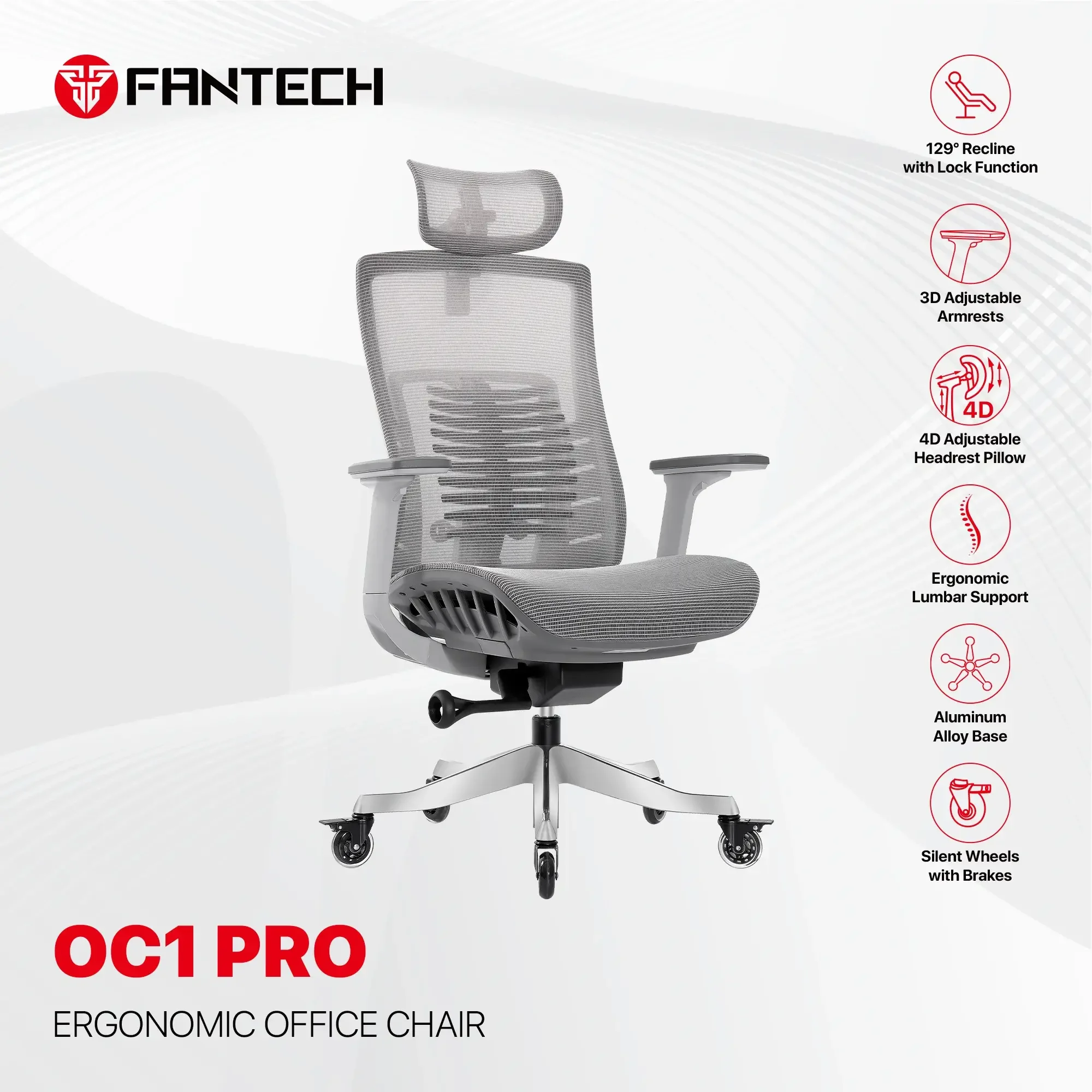 كرسي مكتب مريح Fantech OC1 PRO باللون الأبيض - Thumbnail 3