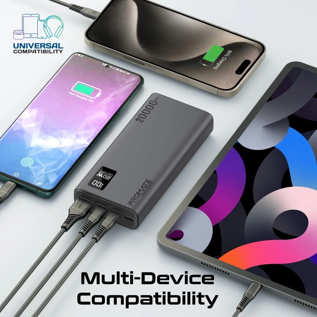 باور بانك Promate Bolt-20PD بسعة 20000mAh نحيف جداً مع USB-C PD 20W وQC 3.0 وشاشة LCD - أبيض - Image 4