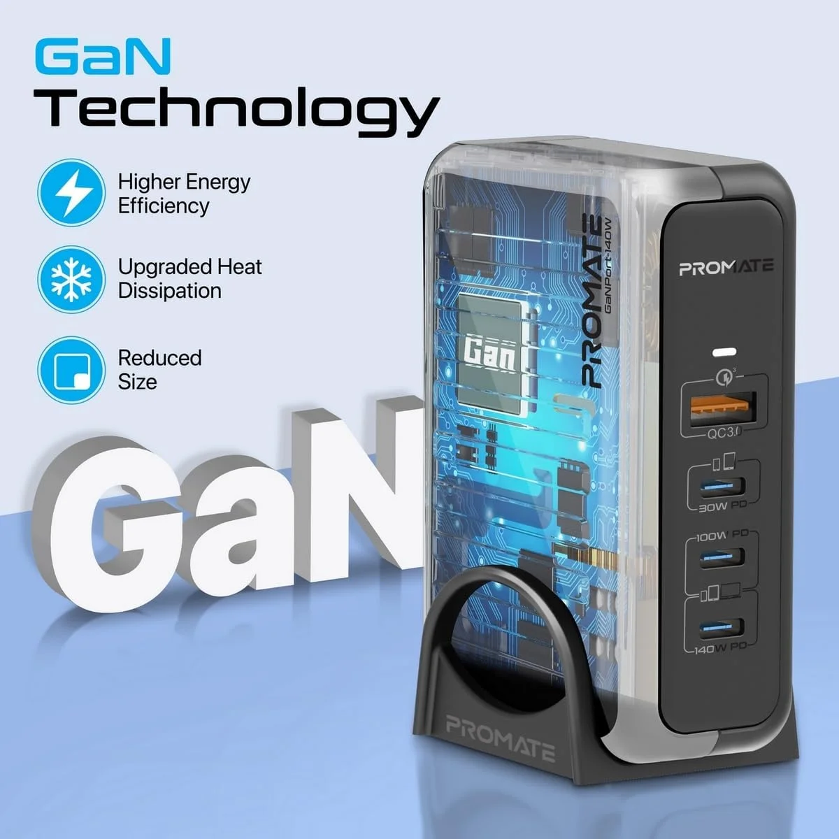 Promate GaNPort-140W 140W GaN Laptop Charger with 100W and 30W USB-C PD Ports - Image 2