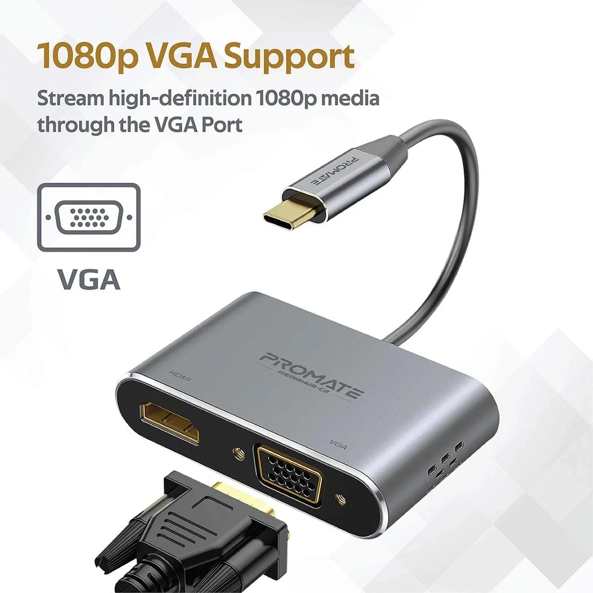 Promate MediaHub-C2 USB-C to HDMI & VGA Adapter 4K Aluminium Dual Display - Image 4