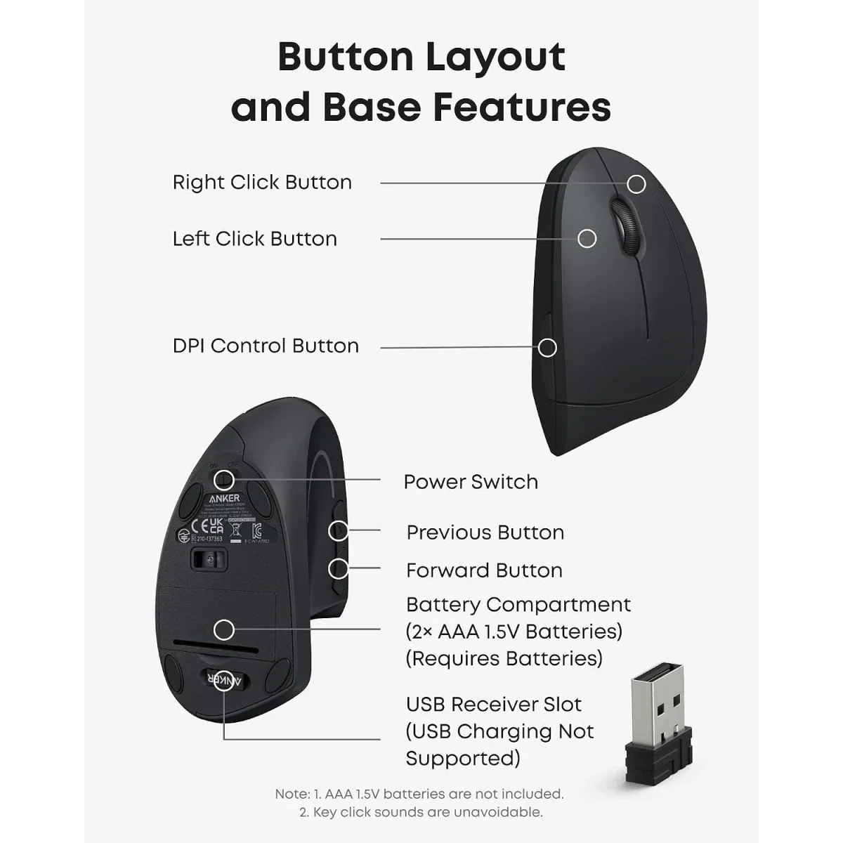 Anker 2.4GHz Wireless Vertical Ergonomic Optical Mouse, 800/1200/1600 DPI, Black - Thumbnail 7