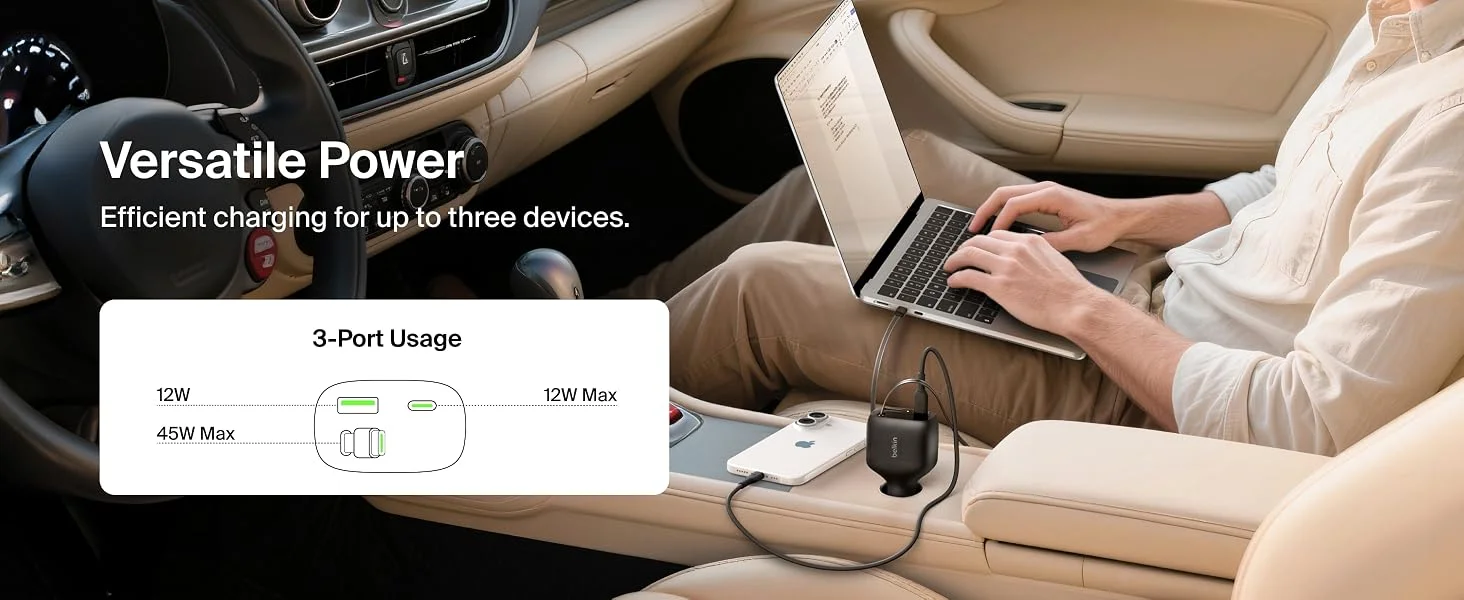 Belkin 75W USB-C Car Charger with 30in Retractable USB-C Cable - Black - Thumbnail 13
