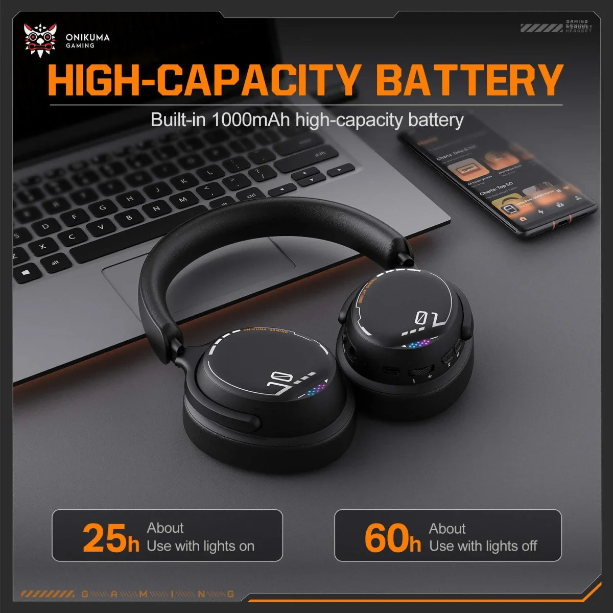 ONIKUMA GT886 Tri-Mode Wireless Gaming Headset with 2.4GHz, Bluetooth 5.3 & 3.5mm AUX - Black - Image 4