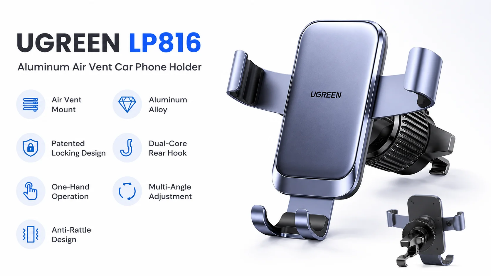 Ugreen LP816 Aluminum Air Vent Car Phone Holder with One-Hand Operation - Image 6