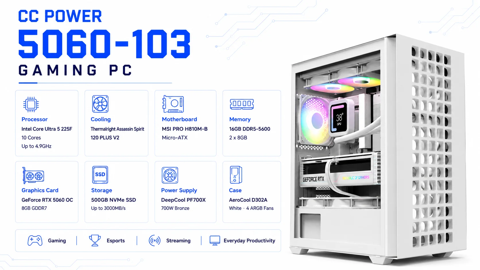 كمبيوتر ألعاب CC POWER 5060-103 بمعالج Core Ultra 5 225F وكرت RTX 5060 8GB وذاكرة 16GB DDR5 وتخزين 500GB NVMe - Thumbnail 2