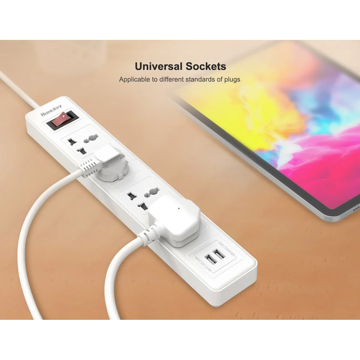 Huntkey SSZ507 Universal Power Strip with 4 Outlets, 2 USB Ports, 3m Cord - White - Thumbnail 3