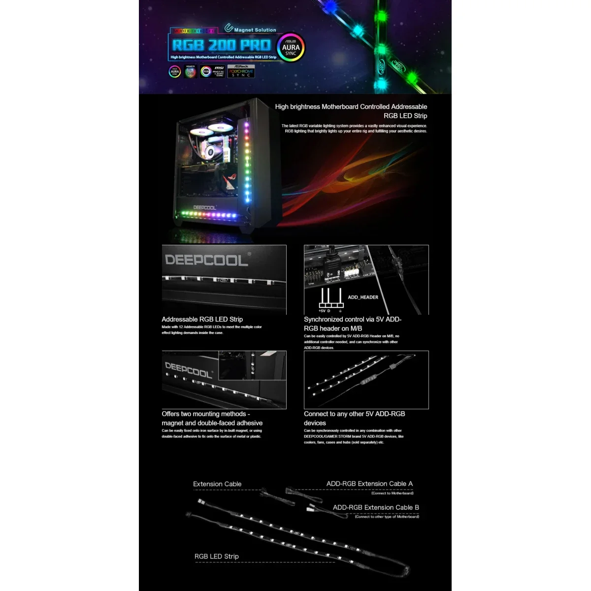 طقم إضاءة شريط LED RGB قابل للعنونة مغناطيسي DeepCool RGB 200 PRO - Thumbnail 3