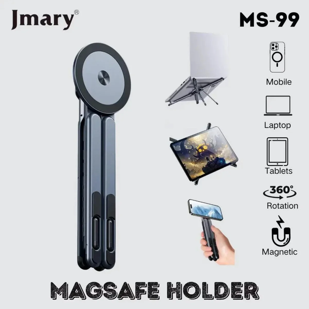 حامل Jmary 3 في 1 قابل للتعديل ومغناطيسي من الألمنيوم للابتوب والتابلت والموبايل - رمادي فضائي - Image 2