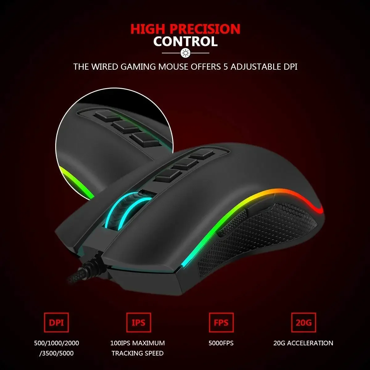 Redragon M711 Cobra RGB Gaming Mouse, 10,000 DPI, 7 Programmable Buttons - Thumbnail 5
