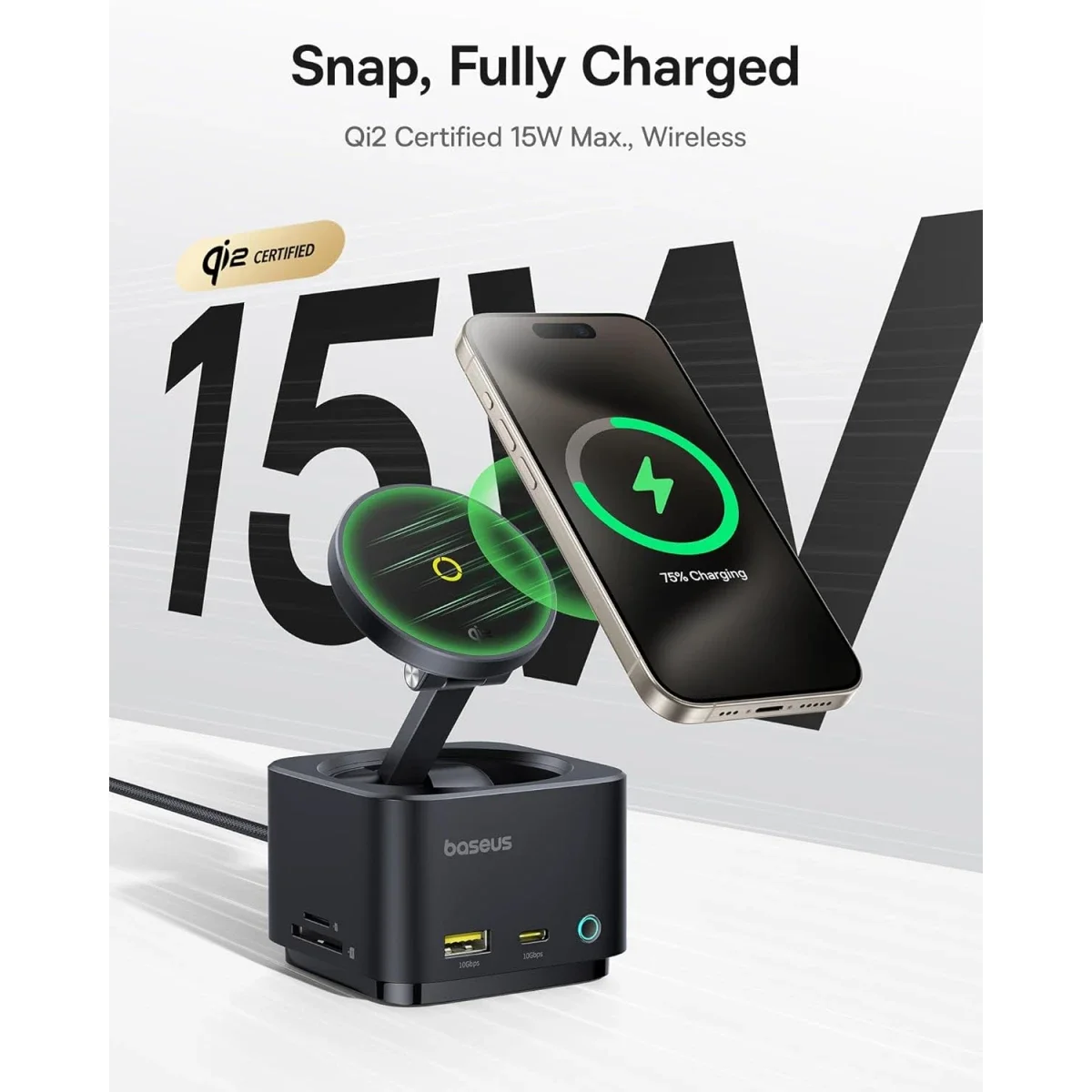 موزع USB-C Baseus MagPro Series II 7 في 1 مع شاحن لاسلكي Qi2 بقدرة 15W ومنفذ HDMI بدقة 4K@60Hz وشحن PD بقدرة 100W وسرعة 10Gbps وقارئ بطاقات SD - أسود - Image 7