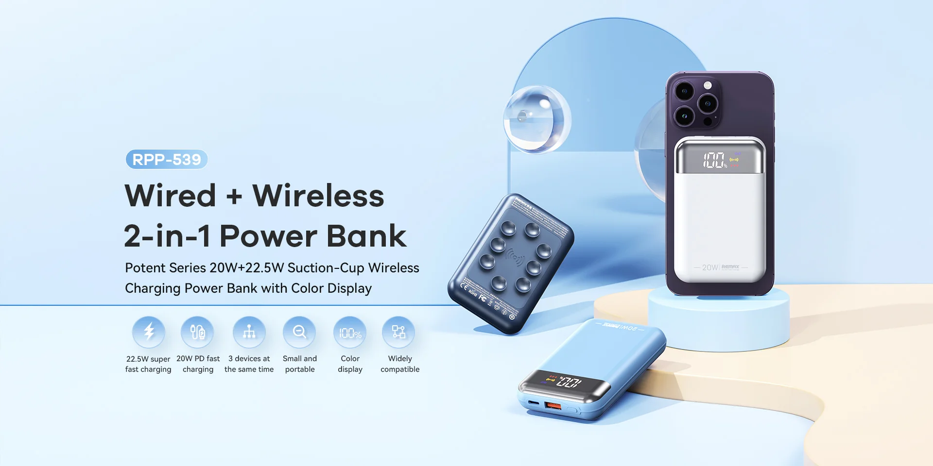 باور بانك لاسلكي Remax RPP-539 Potent Series بسعة 10000mAh وشاشة ملونة، 20 واط + 22.5 واط - Thumbnail 2