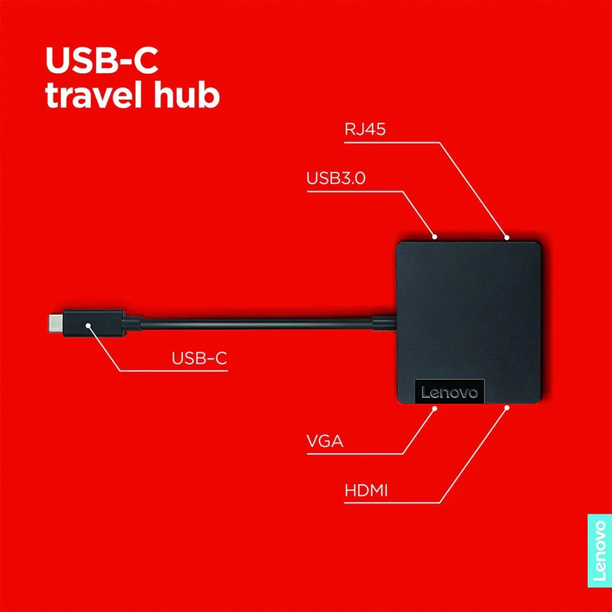 موزع سفر USB-C 4 في 1 من Lenovo مع HDMI وVGA وUSB 3.0 وRJ45 جيجابت إيثرنت - أسود - Image 2